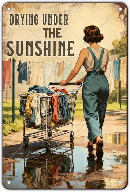 Drying Under The Sunshine Tin Sign Rustic Laundry Room Decor Vintage Metal Wall Art for Farmhouse Kitchen Bathroom 12x8 Inch