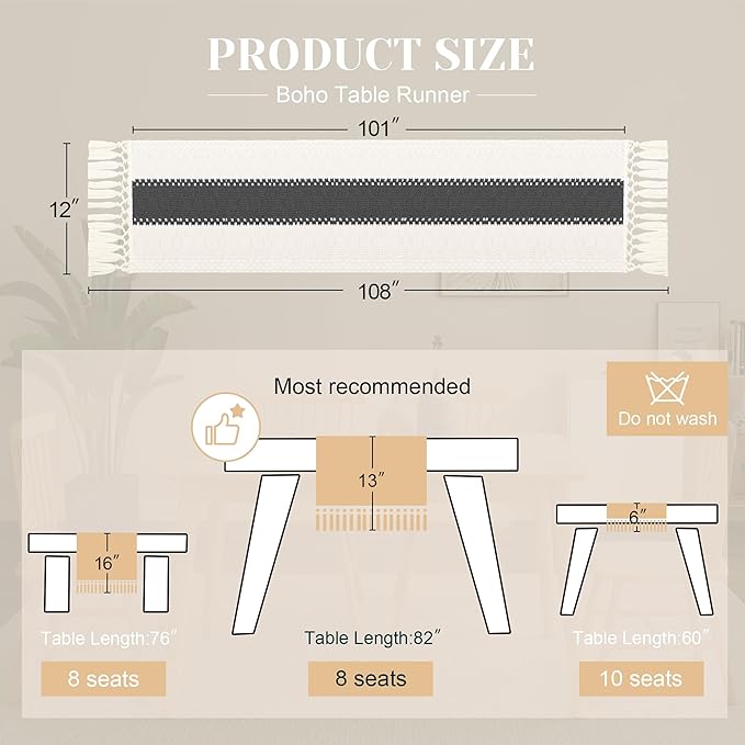 FEXIA Boho Table Runner for Summer Home Decor with Tassels 108 Inches Long Farmhouse Grey Rustic Burlap Table Runner Macrame Table Decoration for Kitchen Bedroom Living Room (12x108 Inches)