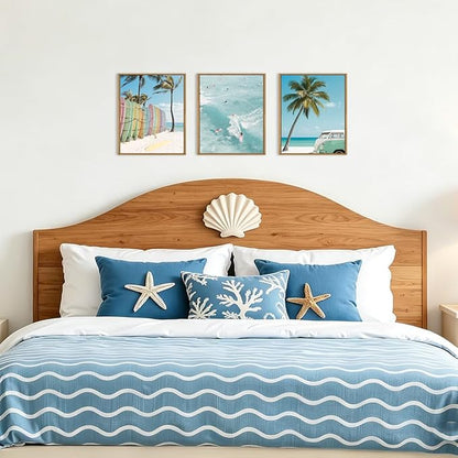 KAIRNE Ocean Beach Framed Canvas Wall Art Set, Coastal Seascape Surfboard Wall Decor, Modern Palm Tree Art Prints, Summer Surfing Blue Artwork for Living Room, Bedroom, Farmhouse, Office-12 x16 x3