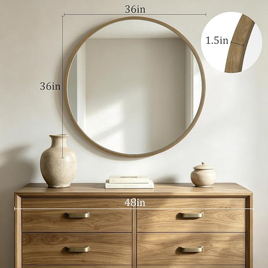 HOMECOOKIN Round Wood Mirror 36 inch Circle Mirror, Rustic Farmhouse Wooden Framed Natural Decorative Wall Decor, Vanity Wall Mirror for Bathroom, Bedroom, Entryway, Living Room (Honey)