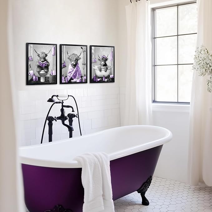 sechars Highland Cow Bathroom Wall Art 3 Piece Funny Bathroom Pictures Canvas Print Grey and Purple Decor (Purple)