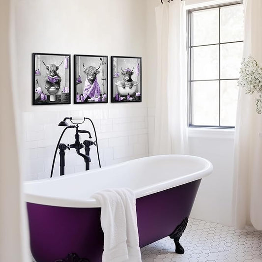 sechars Highland Cow Bathroom Wall Art 3 Piece Funny Bathroom Pictures Canvas Print Grey and Purple Decor (Purple)