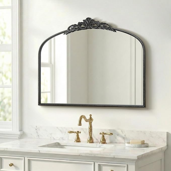 Micasso Large Vintage Black Mirror: 40"x29" French Baroque Antique Arched Mirror - Traditional Ornate Decorative for Wall/Fireplace/Mantel/Entryway/Bathroom/Hallway - Home Decor for Living Room