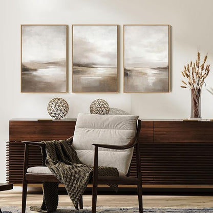 SAFERRYHOME Neutral Abstract Framed Wall Art - Minimalist Modern Nordic Calm Canvas Print Set, Landscape Shapes Earth Tone Illustrations Decor for Living Room, Bedroom - 3 Panels 16x24 Inch