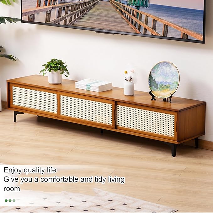 TV Stand, Modern TV Cabinet Entertainment Center Media Shelf with Storage, TV Console Table with Plastic Rattan Door for Living Room,Bedroom Retractable 126-210CM,A