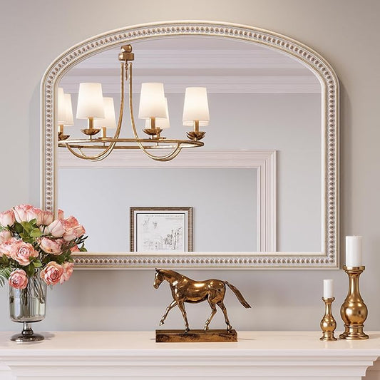 Boho Mirror for Wall, 36" x 30" Farmhouse Arched Rustic Wooden Frame Mirror with Beaded, Arch Decorative Wall Mirrors for Bathroom, Vanity, Living Room, Entryway