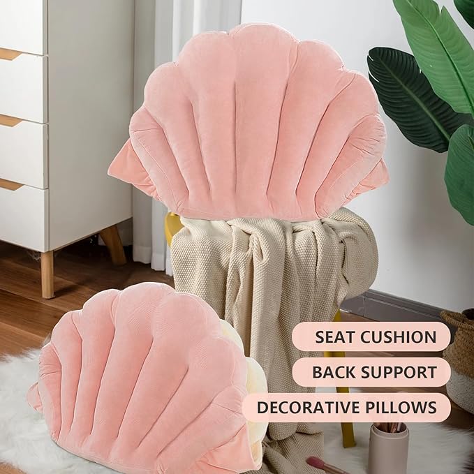 HOMBYS Shell Shaped Seat Cushion with Backrest, Cute Gaming Chair Cushion, Openable Shell Pillow, Throw Pillow & Decorative Pillow for Bed, Couch & Sofa, Ocean Theme Seashell Home Decor, (Pink)