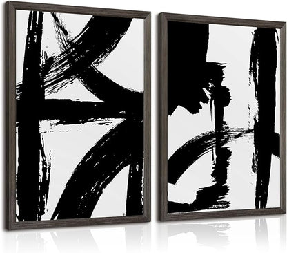 Black and White Wall Art Abstract Modern Painting Minimalist Line Canvas Wall Art Decor Black And White Poster Abstract Artwork Prints for Living Room Bedroom 16x24 Inch Framed Set of 2