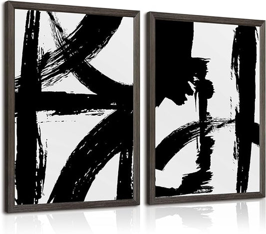 Black and White Wall Art Abstract Modern Painting Minimalist Line Canvas Wall Art Decor Black And White Poster Abstract Artwork Prints for Living Room Bedroom 16x24 Inch Framed Set of 2