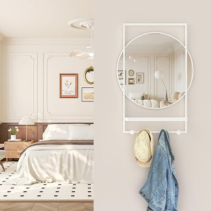 28" x 20" Entryway Mirror with Hooks, Bathroom Mirror with Shelf, Rectangular Frame Round Wall Mirror with Shelf and Hooks, Vanity Mirror Decorative for Wall(White)