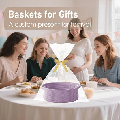 JMvicyroam Woven Basket,Small Rope Storage Bin with Handles & Ribbon Bag, Organizer for Shelves Closets,Gift Basket Empty for Birthday,Books,Dog Toys, Purple/2 Pack