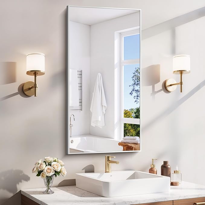 YIROMAN Bathroom Mirror 20"x40", Brushed Silver Bathroom Mirror for Over Sink with Aluminum Frame, Rectangular Vanity Mirror with Right Angle, Wall Mirror Hangs Horizontal or Vertical