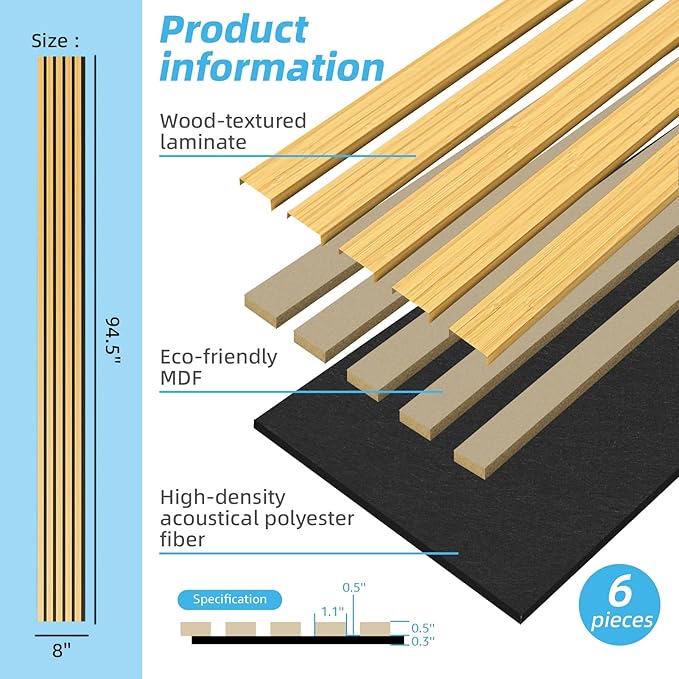 Art3d 6-Piece Wood Slat Acoustic Panels for Stylish Decor and Noise Reduction, 3D Textured Panel for Ceiling and Wall, Bamboo-Hued