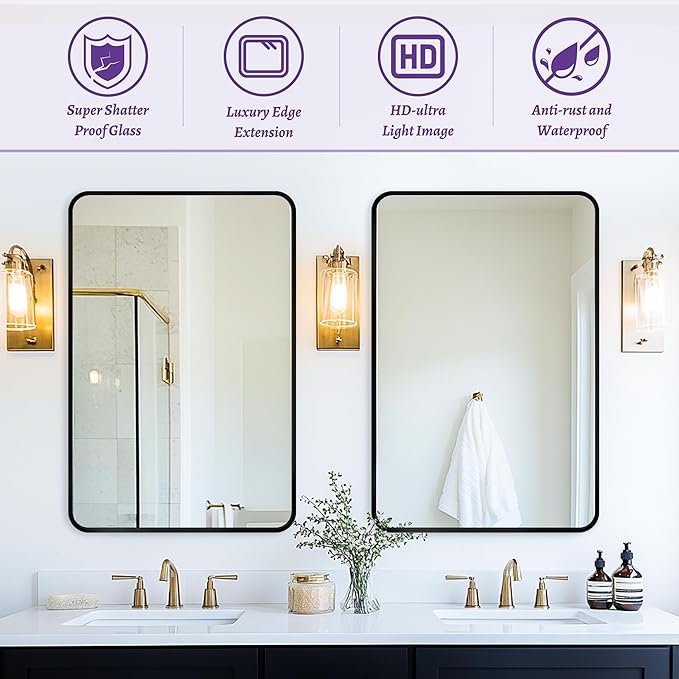 Antok 22x30 Black Metal Framed Bathroom Mirror, Wall Mirror with Round Corners, Vanity Mirror for Over Sink, Anti-Rust Tempered Glass, Horizontal/Vertical Hanging for Bathroom, Living Room, Entryway