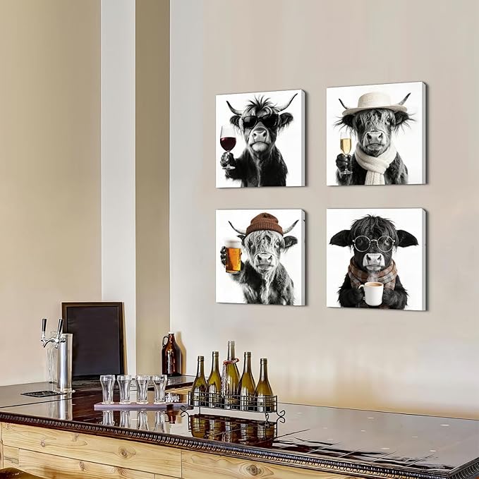 Funny Highland Cow Wall Art Cowboy Wall Decor Farmhouse Kitchen Decor Vintage Black and White Animals Pictures Canvas Prints Humor Cows Theme Paintings Posters Artwork Home Decorations 12x12” 4P