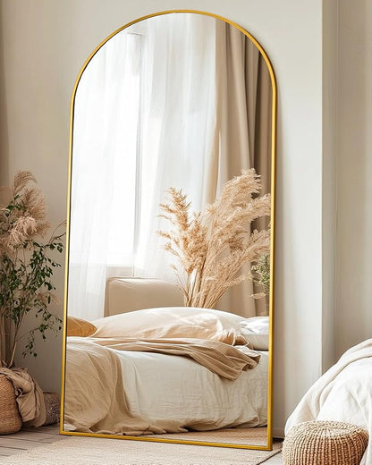 Suidia 76"x34" Arched Full Length Mirror with Stand, Full Body Mirror with Aluminum Frame, Freestanding/Leaning/Wall-Mounted, Floor Mirrors for Bedroom, Living Room, Entryway, Dressing Room, Gold