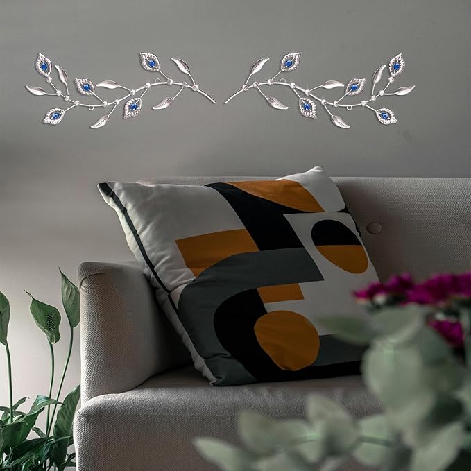 sxnzequnze 2 Sets Leaf Wall Art for Home Metal Bling Rhinestones Ready to Hang Tree Branch Leaves Olive Vine Wrought Iron Hanging Sculpture Pieces Wall Decor Pcs - 16.5in