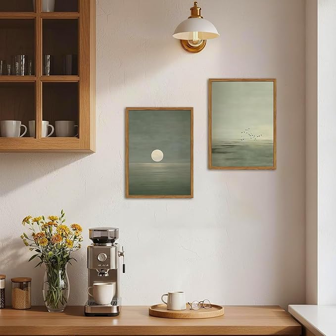 Framed Sage Green Japanese Canvas Wall Art Set of 2, Minimalist Moon and Birds Pictures Wall Decor, Neutral Landscape Artwork Paintings Prints Zen Home Decor for Living Room Bedroom Office 16x24 Inch