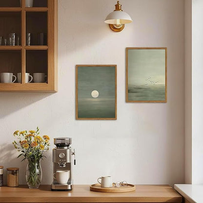 Framed Sage Green Japanese Canvas Wall Art Set of 2, Minimalist Moon and Birds Pictures Wall Decor, Neutral Landscape Artwork Paintings Prints Zen Home Decor for Living Room Bedroom Office 16x24 Inch