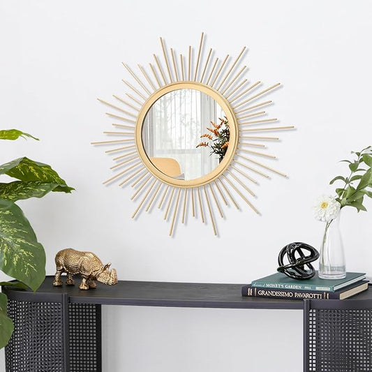 Gold Sunburst Mirrors for Wall Decorative Metal Round Art Mirrors Large Wall Decor Hanging Mirror for Bathroom Bedroom Living Room Vanity Entryway 16"
