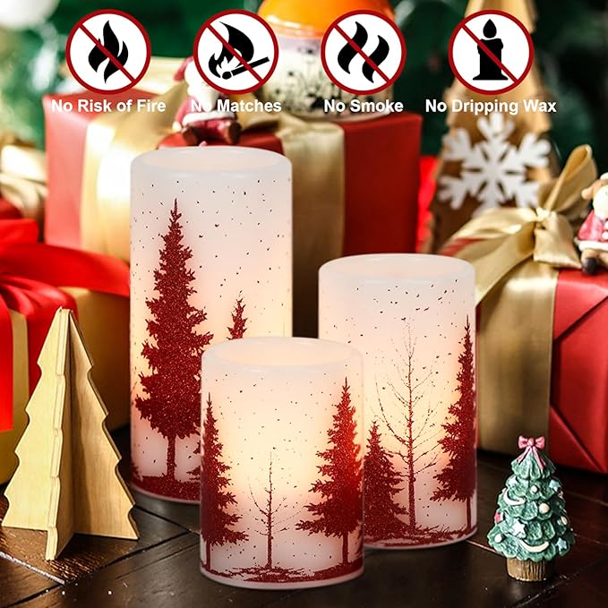 Christmas Tree Flameless Flickering Candles Battery Operated with 6H Timer, 3 Pack Real Wax Warm Light LED Pillar Candles Dinner Tabletop Holiday Centerpiece Decor 3" x 6"