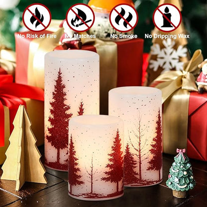 Christmas Tree Flameless Flickering Candles Battery Operated with 6H Timer, 3 Pack Real Wax Warm Light LED Pillar Candles Dinner Tabletop Holiday Centerpiece Decor 3" x 6"