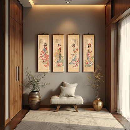 Large Japanese Geisha Woman Wall Art Framed Painting Decor, Four Panel Figure Artwork Old Japan Scroll For Home Sushi Restaurant Walls Hanging