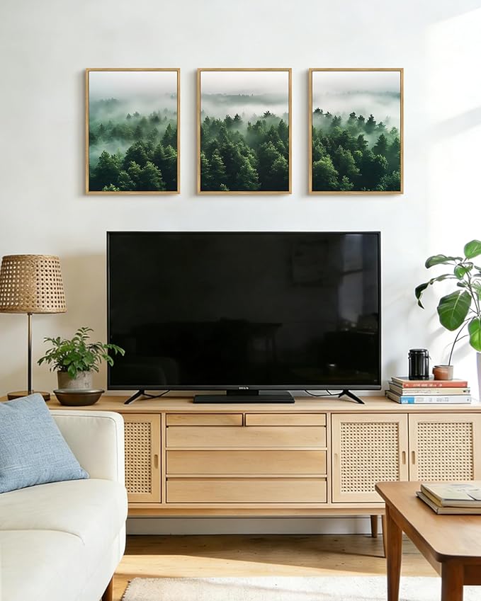 PHOPAGO Green Fog Pine Tree Framed Wall Art Nature Misty Nordic Forests Artwork Morden Paints Bedroom Living Room Home Decor - 12x16in Natural Framed