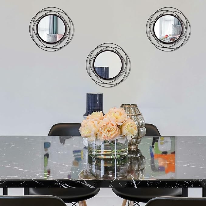 3 Set. Round Mirrors for Wall Decor Living Room Bedroom Bathroom Dining Room Metal Circle Mirror Set Boho Decorative Sunburst Wall Art Accent Entryway - Black 13.3 in.