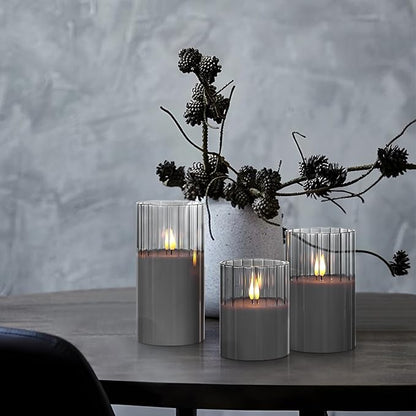 Rhytsing Smoked Ribbed Glass Battery Operated LED Candles with Remote, Flameless Candle with Timer Gift Set for Home Decor, Warm White Lights- Include 6 Batteries - Set of 3