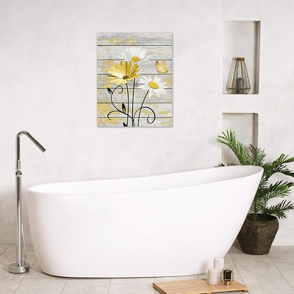 HVEST Farmhouse Yellow Floral Wall Art for Bathroom, Retro Daisy and Butterfly on Rustic Wood Canvas Wall Art Nature Flower Pictures for Living Room Bedroom Apartment Wall Decor,16L X 12W inches