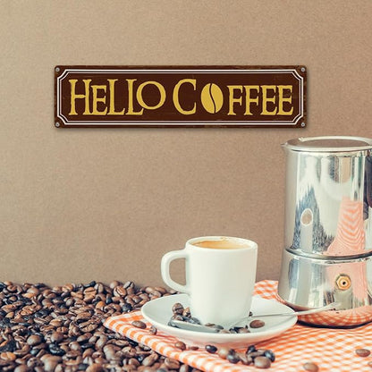 Hello Coffee Signs, Retro Metal Tin Sign, Home Kitchen Wall Decor, Farmhouse Decorations for Cafe, Coffee Station Decors, Decorative Metal Wall Signs 15.8x4 Inches