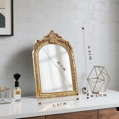 YUSONG Vintage Desk Mirror – 7" Gold Antique Tabletop Mirror with Resin Frame, Decorative Wall Art for Living Room Bedroom Vanity Desk Decor, Birthday Gift