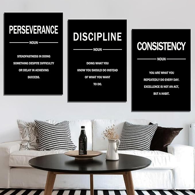 3 Pieces Motivational Canvas Wall Art Perseverance Discipline Consistency Inspirational Quotes Poster Print Positive Wall Decor Artwork for Living Room Workplace Stretched and Framed [60''W x 28''H]