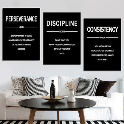 3 Pieces Motivational Canvas Wall Art Perseverance Discipline Consistency Inspirational Quotes Poster Print Positive Wall Decor Artwork for Living Room Workplace Stretched and Framed [60''W x 28''H]