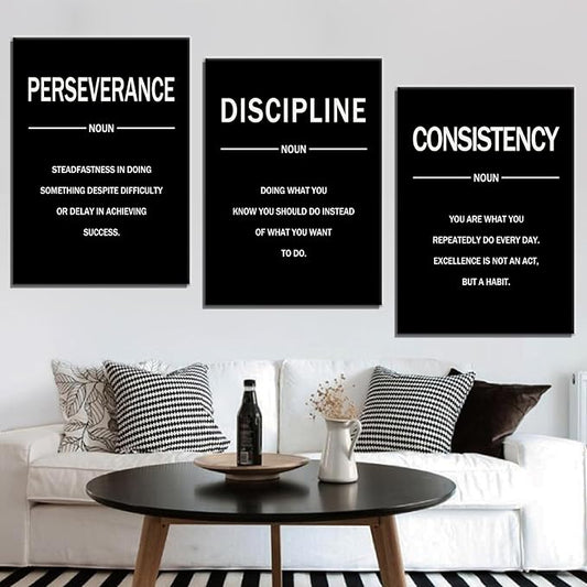 3 Pieces Motivational Canvas Wall Art Perseverance Discipline Consistency Inspirational Quotes Poster Print Positive Wall Decor Artwork for Living Room Workplace Stretched and Framed [60''W x 28''H]