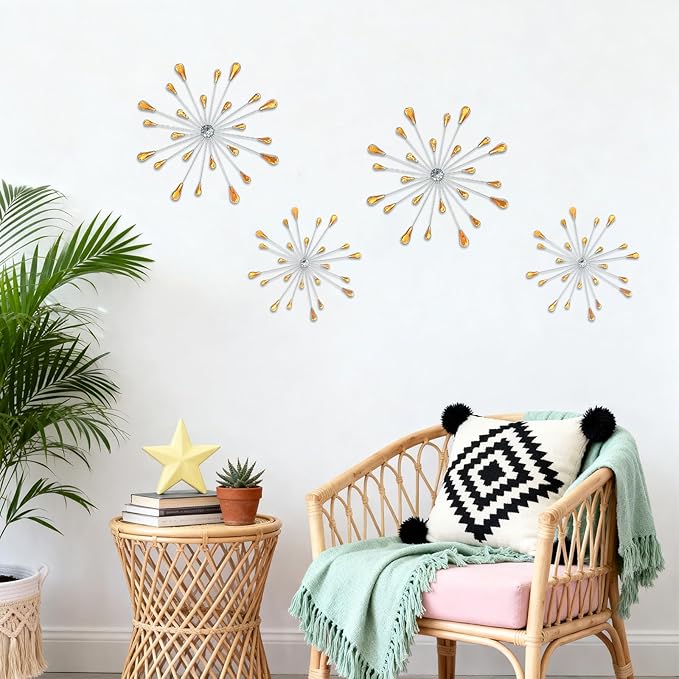 ZEXUIRU 4 Pcs Orange Starburst Wall Decor Metal Bling Wall Art Crystal Accents 3D Modern Decoration Glam Hanging Sculptures for Living Room Bedroom Office Teen Girl Room – Easy to Hang Home Decor Set