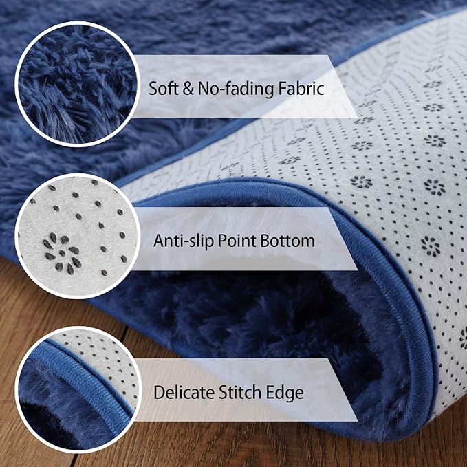 Andecor Soft Fluffy Bedroom Rugs, 6 x 9 Feet Indoor Shaggy Plush Area Rug for Boys Girls Kids Baby College Dorm Living Room Home Decor Floor Carpet, Light Navy