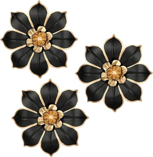Metal Flowers Wall Decor Black and Gold Wall Art Decorations Hanging 3 Pc Rustic Modern Floral Sculpture Wall Accent Artwork Indoor Outdoor for Bathroom Kitchen Bedroom Living Room Patio Porch 10 Inch