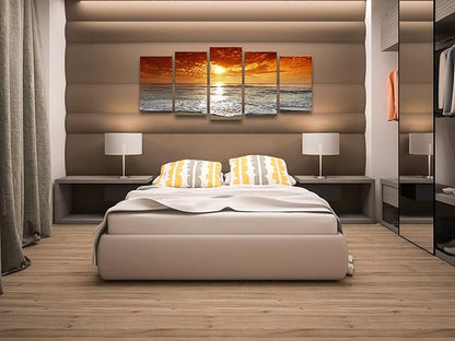 Wieco Art Grand Sight Extra Large 5 Panels Modern Landscape Artwork HD Seascape Giclee Canvas Prints Sea Beach Pictures to Photo Paintings on Canvas Wall Art for Home Decorations Wall Decor