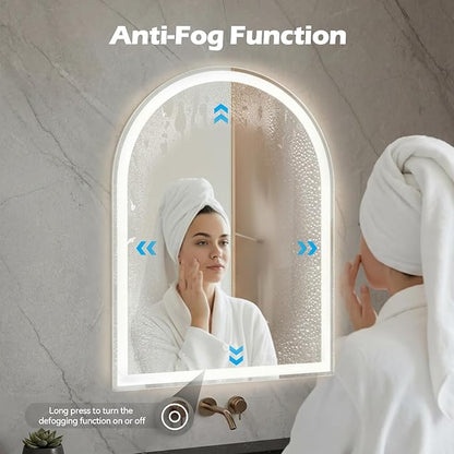 DUMOS 24"×36" LED Bathroom Mirror with Lights, Arched Vanity Mirror with Anti-Fog, Dimmable, 3-Color Light, Memory Function, Front Light and Backlit, Tempered Glass
