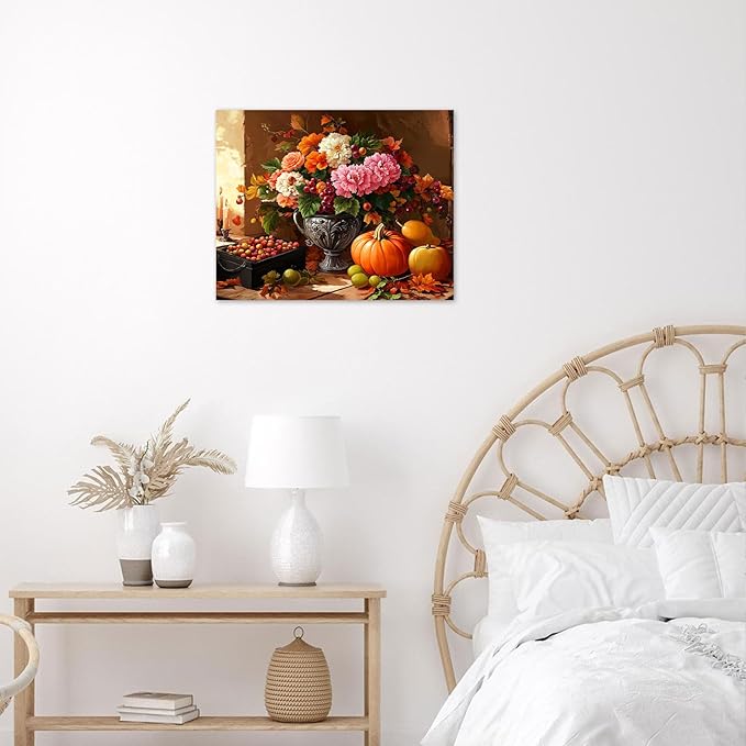 LB Vintage Kitchen Wall Art Pink and White Flower and Orange Pumpkin Floral Canvas Wall Art Modern Aesthetic Wall Decor for Living Room Restaurant Home Decoration Framed Ready to Hang 12L x 16W