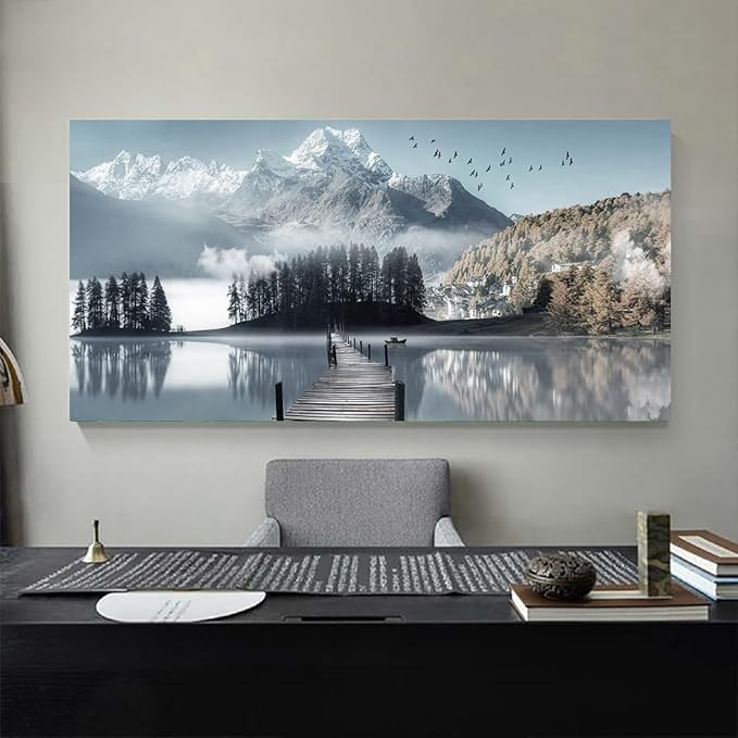 Bamdeya Lake Pictures Mountain Canvas Wall Art for Living room Bedroom Wall Decor Landscape Canvas Picture Natural Scenery Wall Art Prints Tree Painting Framed Artwork for Kitchen Office Home Decoration