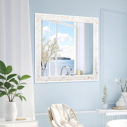 Tanmicoshomy 30 x 30 Inch White Rectangle Wall Mirror, Natural Shell Framed Rectangular Mirrors for Bathroom Bedroom, Living Room, Entryway, Wall Mounted Horizontal or Vertical