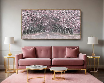 Nicetop Big Framed Canvas Wall Art for Living Room – Large Pink Abstract Floral Canvas Print Cherry Blossom Tree Tunnel Artwork – Oversized Spring Landscape Picture Bedroom Girls Women Decor 58x29Inch