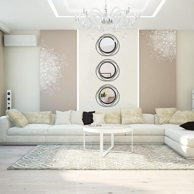 3 Set. Round Mirrors for Wall Decor Living Room Bedroom Bathroom Dining Room Metal Circle Mirror Set Boho Decorative Sunburst Wall Art Accent Entryway - Black 11 in.
