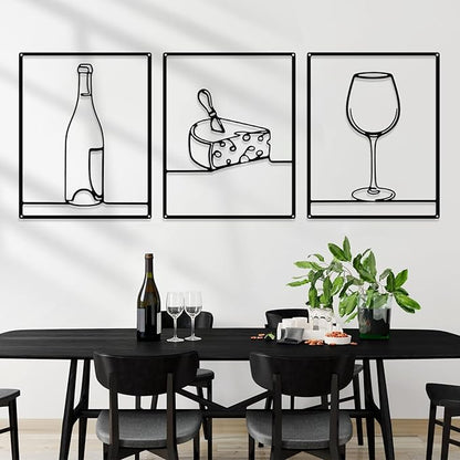 Otoolling 3 Pieces Metal Minimalist Line Kitchen Signs Wall Decor Drawing Rustic Kitchen Wall Art for Dining Living Room Home, 14 x 11 Inches(Wine,Black)