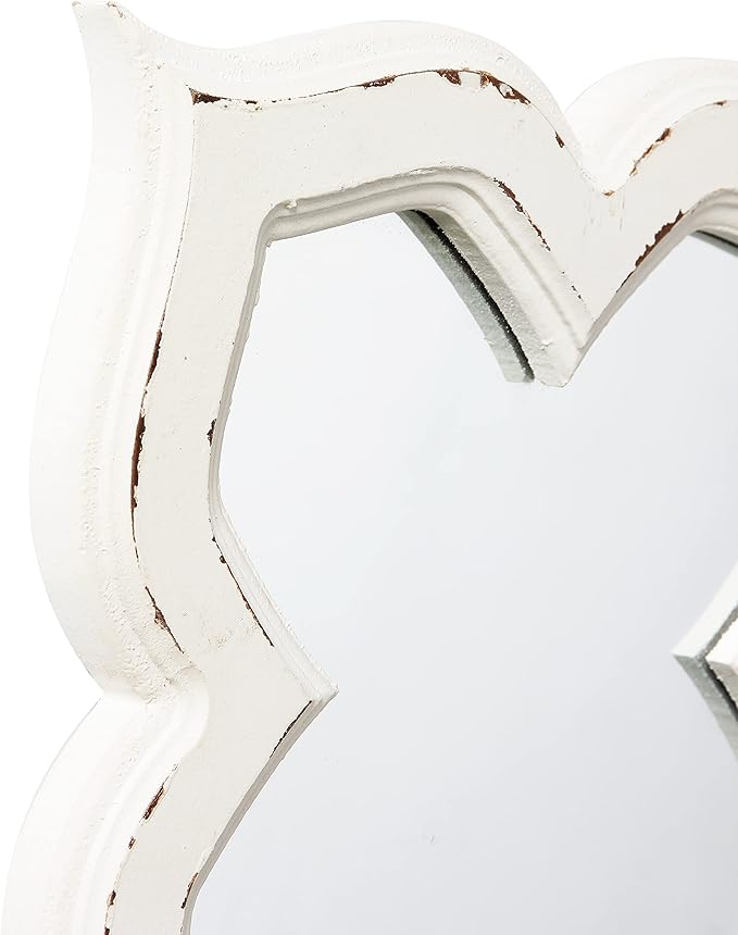 Hanging Antique Small Wall Mirrors Decorative 9.6 inch, Distressed White Sculpted Wood Mirror Farmhouse Home Decor, Shabby Chic Lucky Four-Leaf Clover Mirror Wall Decor for Living Room