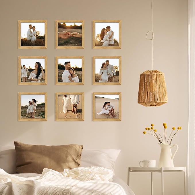 YESKAY 8x8 Picture Frame Set of 9, Photo Gallery Wall Frame Set, Display Pictures 4x4 with Mat or 8 x 8 Without Mat, Square Frame Picture Frames Collage Wall Decor, Natural Oak