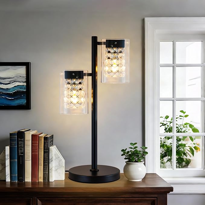 MantoLite Table Lamps with Clear Crystal Glass, Modern 2-Light Desk Lamps with Black Metal Base, Plug-in Bedside Lamp for Nightstands Bedroom, Office, Living Rooms